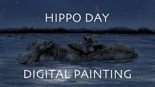 Baby Hippo playing in the water Digital Painting Process - Hippo Day