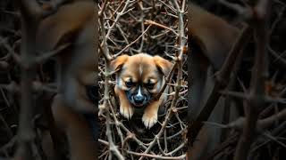 The Puppy Struggles In The Thorny Forest, Screaming With Panicked Eyes, The Thorns Shaking As It Tri
