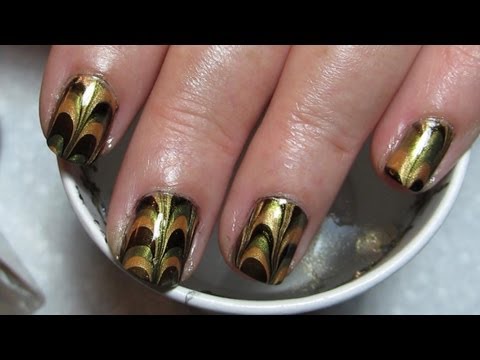 Mom's Gold, Green & Black Water Marble Nail Art Tutorial (Water Marble March
