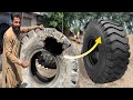 Caterpillar Monster Tire Repairing || Repairing A Huge Old Tire Sidewall || Tire Repair