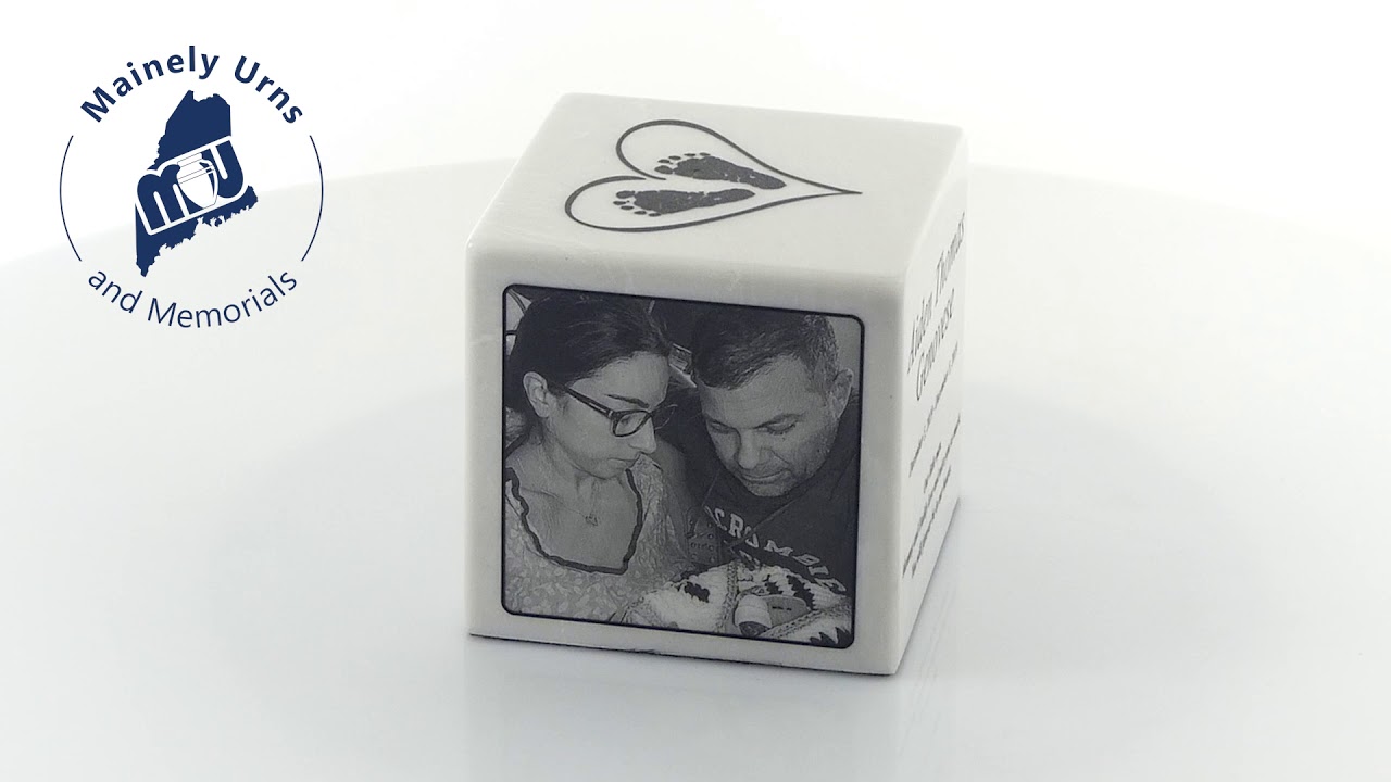 White Marble Infant Child Cube Cremation Urn with Engraved Photo