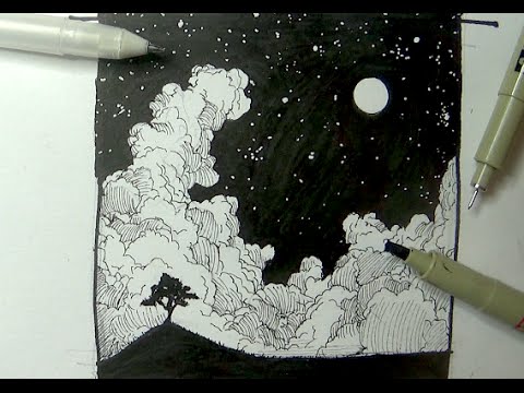 Pen & Ink Drawing Tutorials | How to draw a night sky landscape with