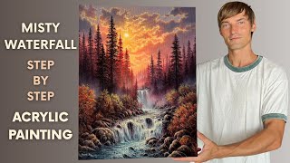 How To Paint A Misty Waterfall Step By Step Acrylic Painting