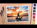 Watercolor painting of river side sunset easy