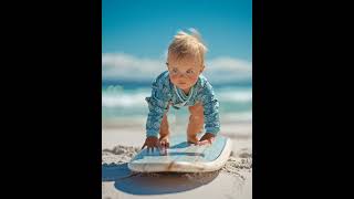Tiny Surfer Baby Steals Hearts On Sunny Beach Surfboard