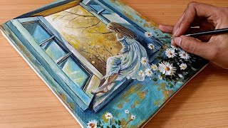 How To Draw A Girl Sitting On A Window Easy Acrylic Painting For Beginners