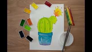 Drawing Cactus. Watercolor lesson for kids.