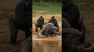 Gorilla Rescue Buffalo From Python