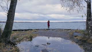 Rear View Of A Girl With Flowing Red Hair Dressed In Red Coat Against The Backdrop Of A Lake And