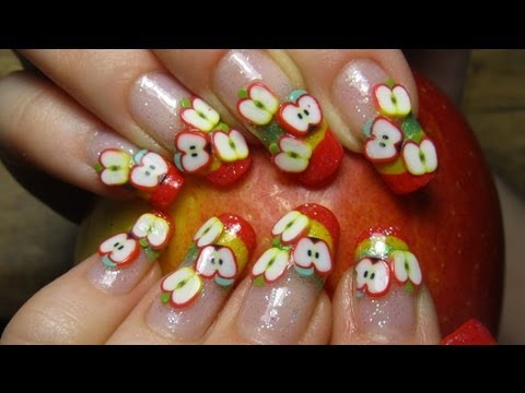 Juicy Fimo Apple Design with Green, Yellow, Red and Glitter Nail Art