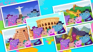 Funny Hippo Family Visited All 7 Wonders Of The World - Educational Video For Kids Happos Family