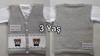 Poyraz Çocuk Yelek Yapımı 3 Yaş Tunus İşi Ayıcık Süslemeli Tek Şiş Kolay Şık Bebek Örgü Kazak Tarifi