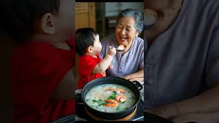 The Baby Cooks Shrimp Porridge To Feed Grandma Taking Care Of Baby