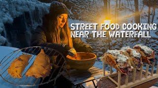 Girl Solo Cooking By A Frozen Waterfall Street Food In The Snowy Forest Relaxing Asmr Sounds