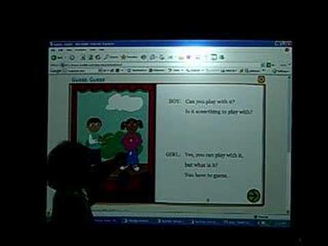 Jasmine and her dad present the play "Guess, Guess" using a Smart Board interactive whiteboard. The play is just one great activity found on starfall.com