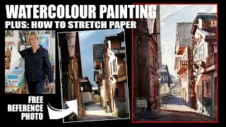 Stretching Watercolour Paper; Drawing and Painting the Sunny Hallstatt aka cute village; free photo.