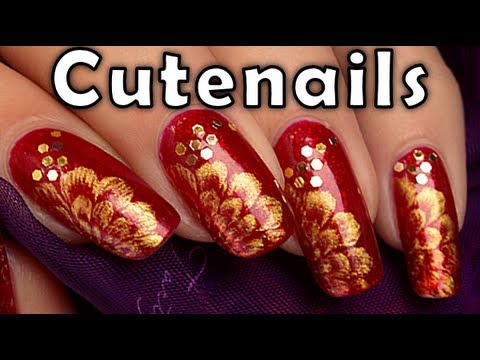 Easy Christmas red and gold nail art design - YouTube