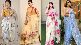 Latest Party Wear Floral Printed Organza Saree Design Trendy Organza Saree Blouse Design Ideas
