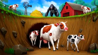 Crazy Cows Great Escape from Underground Tunnel! Greedy Farmer and Gorilla Funny Animals Stories
