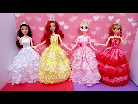 💜4 Công chúa Elsa, Anna, Belle, Ariel thử váy đầm dạ hội lộng lẫy 💜 / Ami channel