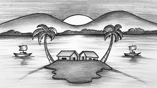 Gün batımı Karakalem Manzara Nasıl Çizilir - Kolay Karakalem Çizimleri - Çizim M