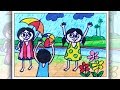 How to draw children playing | Rainy day scenery drawing for kids