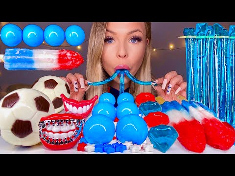 ASMR *RED, WHITE & BLUE FOOD* EDIBLE SOCCER BALL, PLANET GUMMI, FIRE CRACKER POPSICLE, JELLY MUKBANG