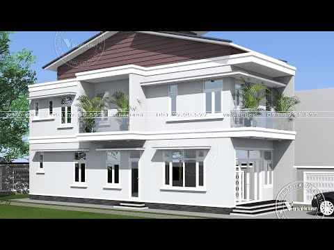 Mẫu nhà mái lệch 5m x 16m, 2 tầng, 3 phòng ngủ, giá 1 tỷ 100 triệu đồng.