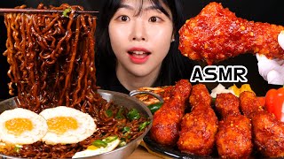 ASMR MUKBANG| 짜파게티말고 짜짜로니 직접 만든 양념치킨 먹방&레시피 파김치도 BLACK BEAN NOODLES AND FRIED CH