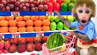 Monkey Baby Bon Bon Goes To Buy Fruit At The Supermarket And Eat So Yummy With Puppy