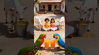 Cute Child Brings A Big Orange And Gives Its Juice To The Calf And Parrot