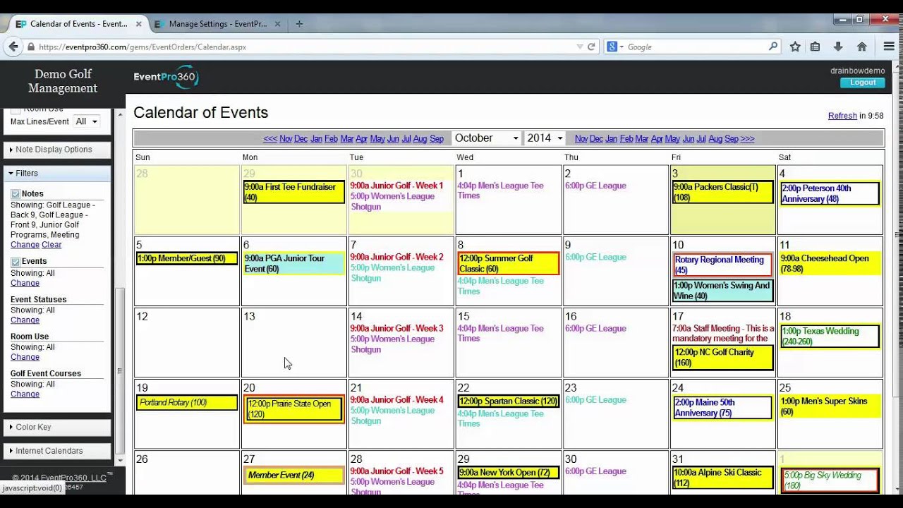 EventPro360 Calendar Detail Event Management Software System for Golf
