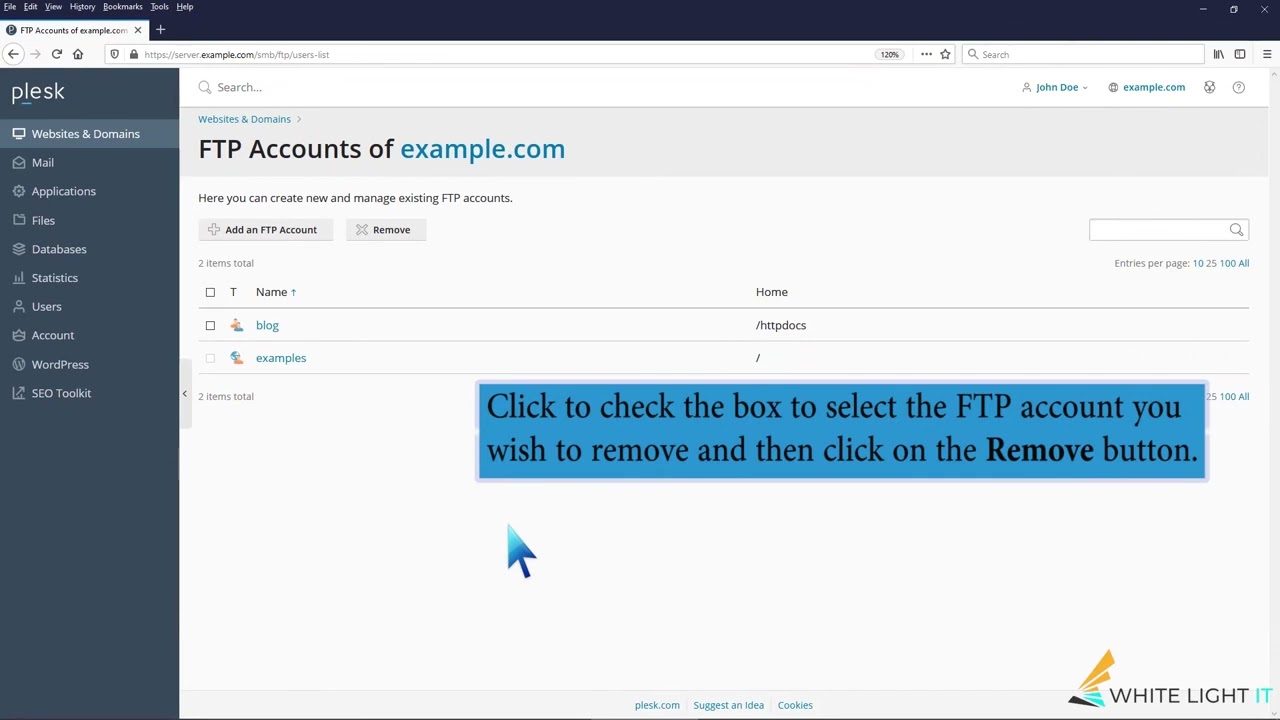 How to Remove an FTP user account in Plesk WhiteLight How to Remove an FTP user account in Plesk WhiteLight