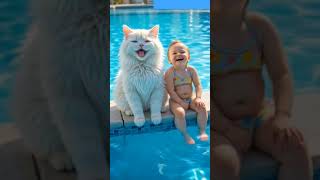 Too Cute Chubby Cat And Baby Laughing Together By The Pool