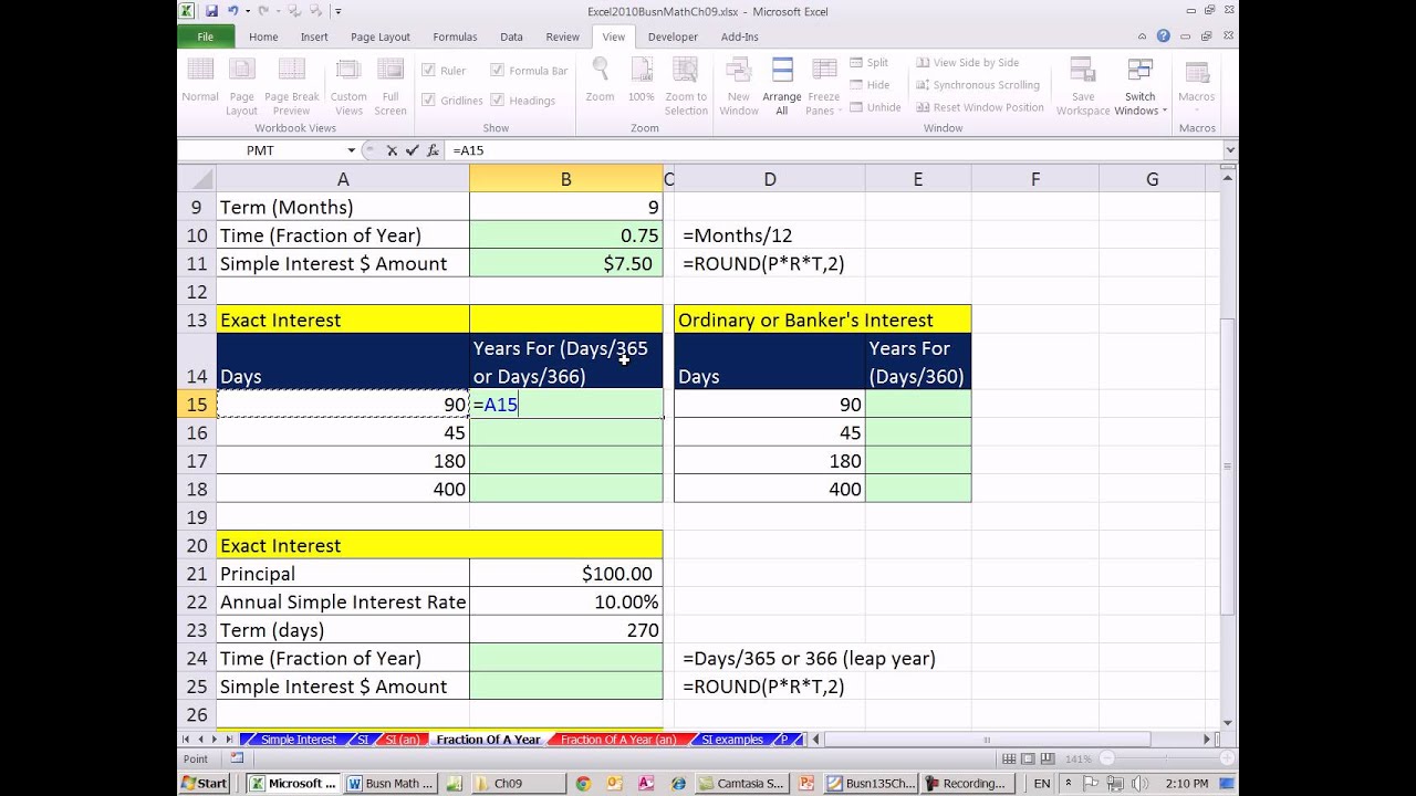 excel 2010 business math 74 calculating fraction of year simple interest formula excel