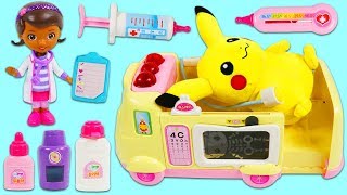 Pokemon PIKACHU Gets Sick and Visits Doc McStuffins Pet Vet Toy Hospital Ambulance!