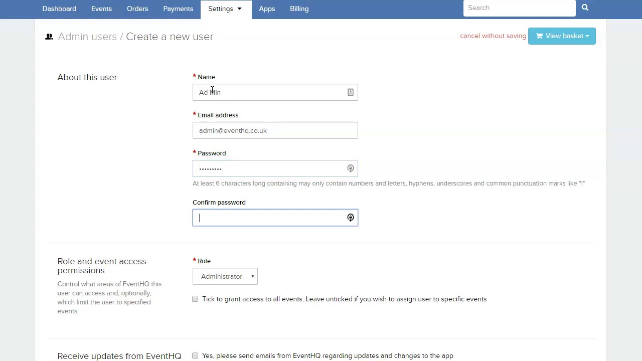 Add User - EventHQ - event management software