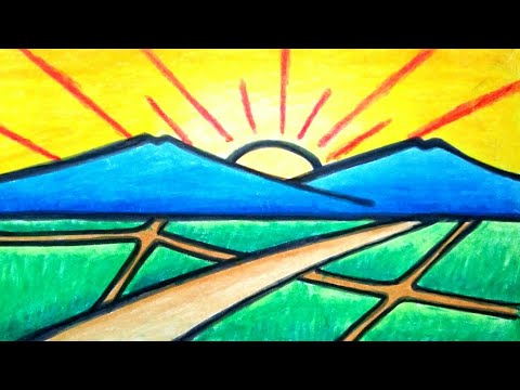 How to Draw Mountain Sun Rise Scenery || Gambar Pemandangan Matahari Terbit