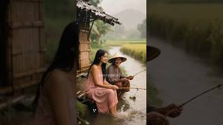 Fishing In The Rain Village Girl & Grandpas Peaceful Moment