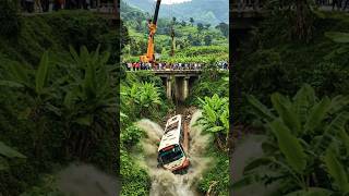 Crane Attempts To Recover A Stranded Bus From A Narrow, Muddy River Below