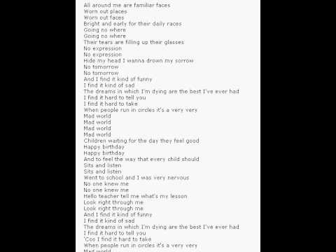FOR FEARS MAD WORLD LETRA for fears mad world letra: