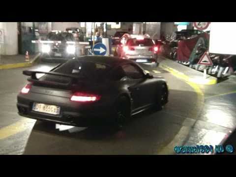 Matt grey Porsche 997 GT2 with aftermarket exhaust underground garage