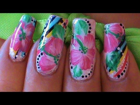 Retro Summer Hibiscus One Stroke Flower Nail Art Tutorial