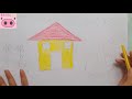 Hướng dẫn bé vẽ bức tranh ngôi nhà, vẽ hoa và ông mặt trời, bé học vẽ và tô màu n -Drawing For Kids