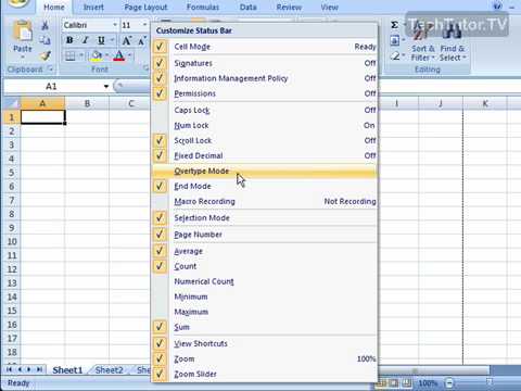 excel status bar customize 2007