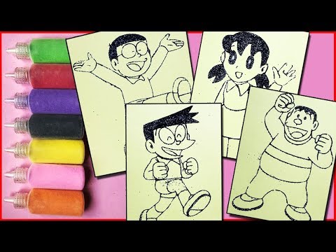 Đồ chơi trẻ em TÔ MÀU TRANH CÁT Nobita, Xuka, Xeko, Chaien - Colored sand painting toys (Chim xinh)