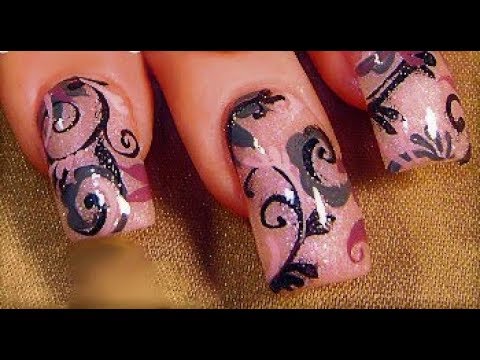 Pink Purple a & gray filigree on Long nails: robin moses nail art tutorial