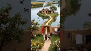 Old Couple Holding Hands, Walking Home Peaceful Village Life