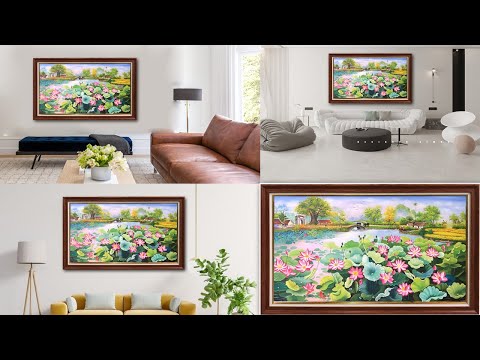 Tranh vẽ sơn dầu hoa sen đẹp treo tường phòng khách, phòng làm việc- Tranh treo tường đẹp Amia