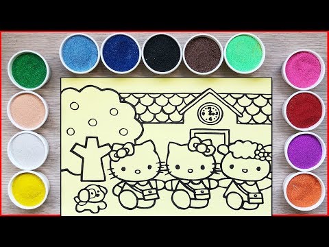 Tô màu tranh cát mèo Hello Kitty đi học với bạn - Sand painting kitty (Chim Xinh)